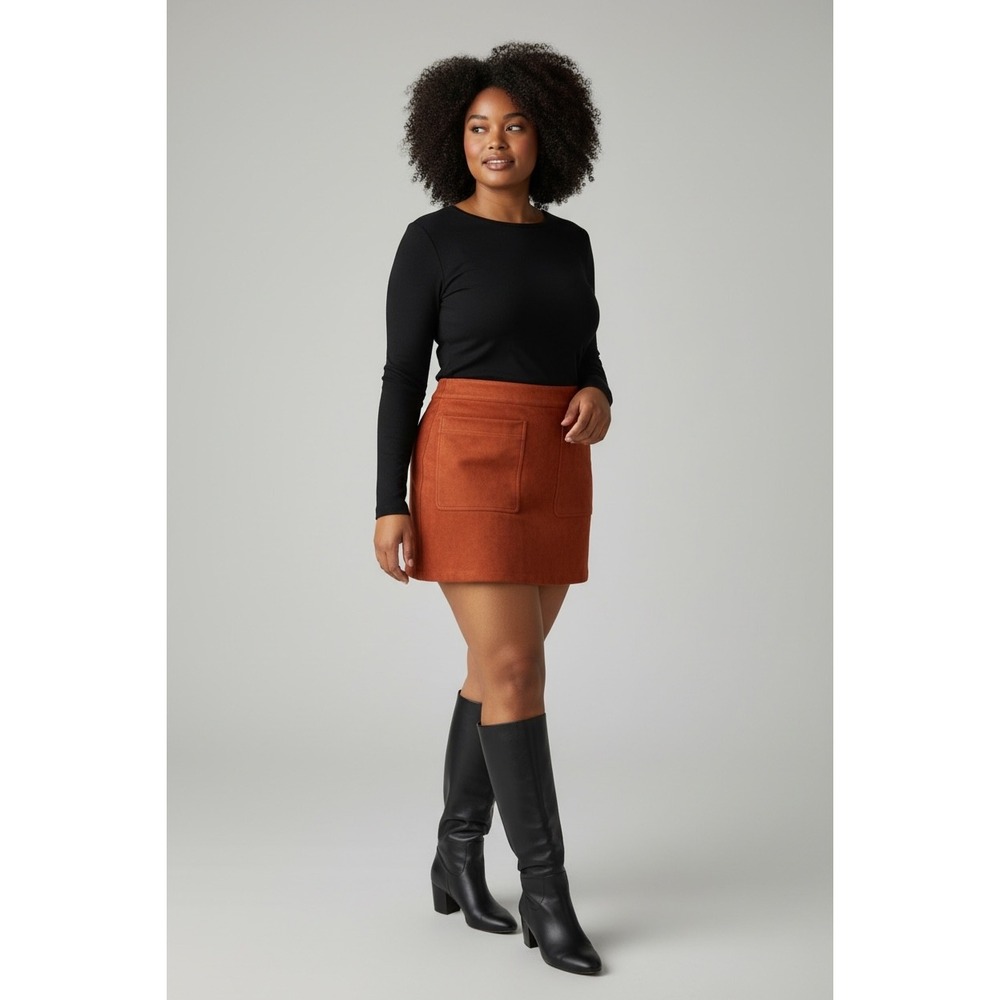 L Love Rust Faux Suede Mini Skirt Medium Zip Back Pocket A-Line Retro Fall